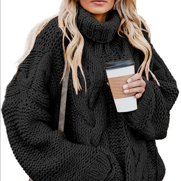 🍁Oversized BLACK Chunky Cable Knit Turtleneck Sweater🍁 - Picture 1 of 5